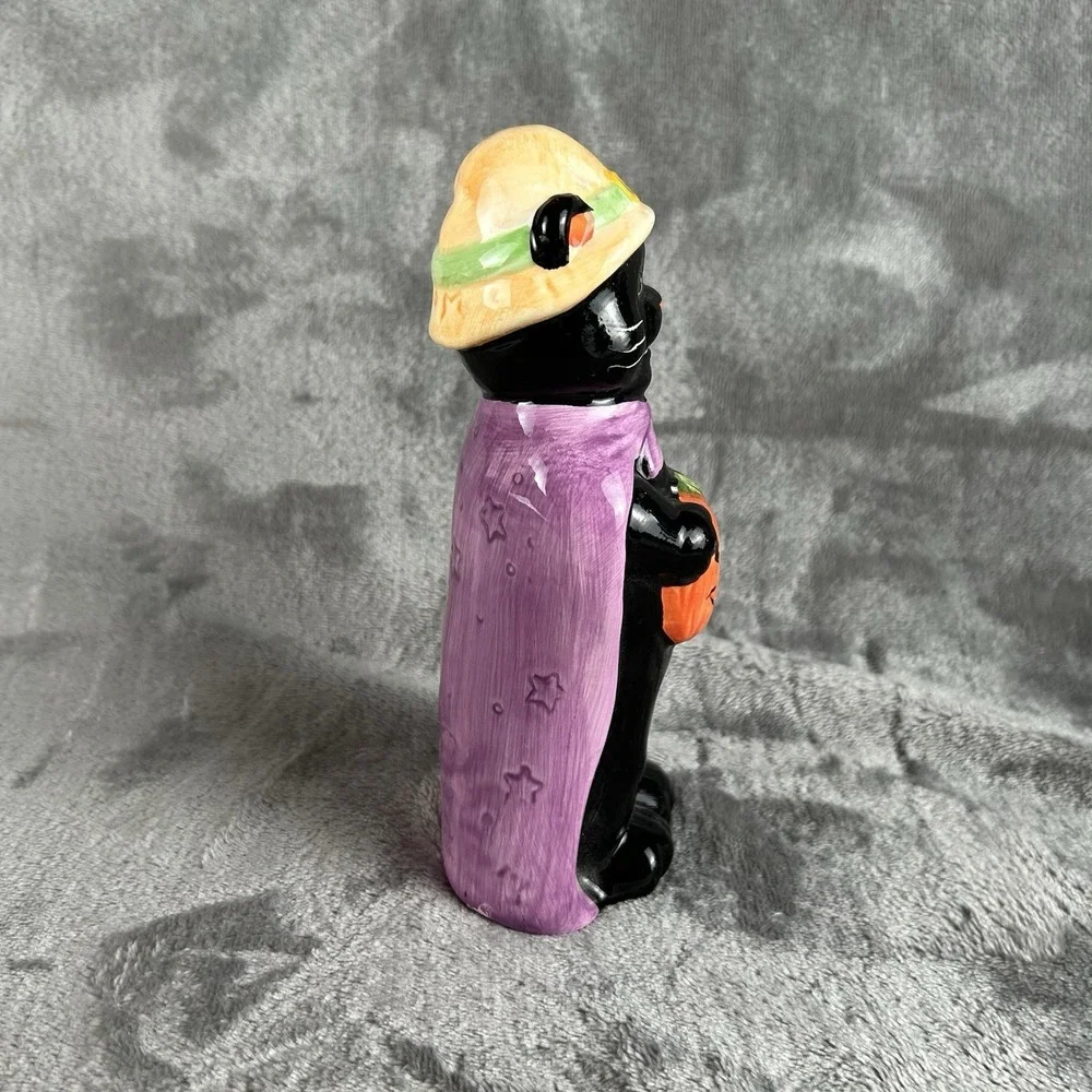 Vintage Ceramic Halloween Figurine Black Cat Dressed As‎ Witch W/ Jack O Lantern